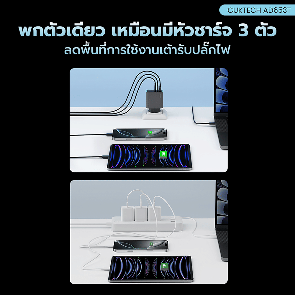 หัวชาร์จเร็ว CUKTECH AD653T 65W สีเทา (รองรับ เทคโนโลยี PD 3.0, QC 2 TYPE-C / 1 USB-A)