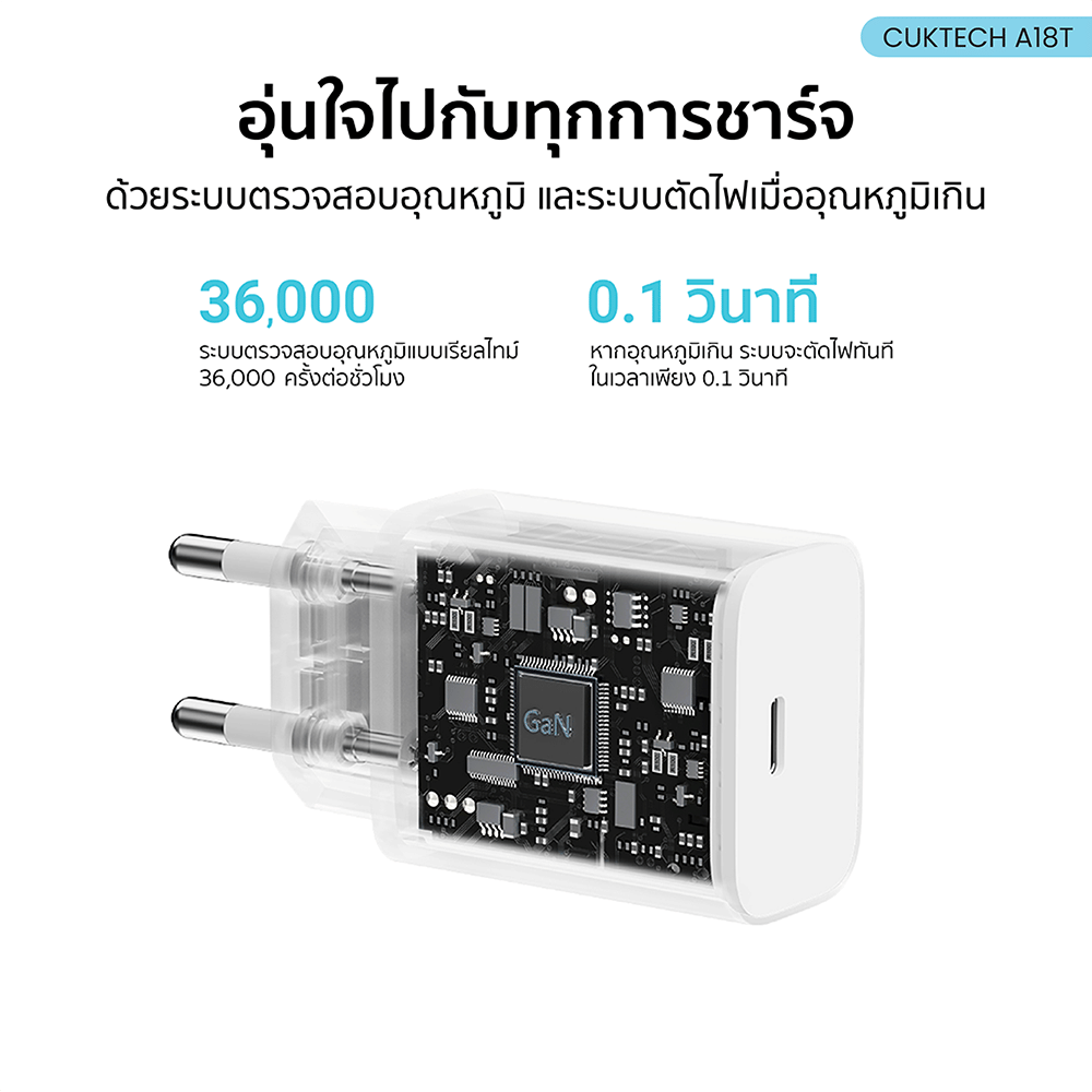 หัวชาร์จเร็ว CUKTECH USB-C GAN 30W CUKTECH A18T สีขาว ใช้สำหรับ IPHONE (รองรับเทคโนโลยี PD 3.0)KR
