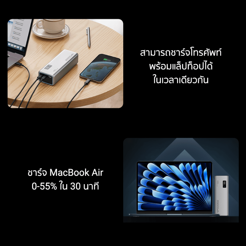 แบตสำรอง CUKTECH PB200P สีเทา ความจุ 20000 mAh จ่ายไฟรวมสูงสุด 140W