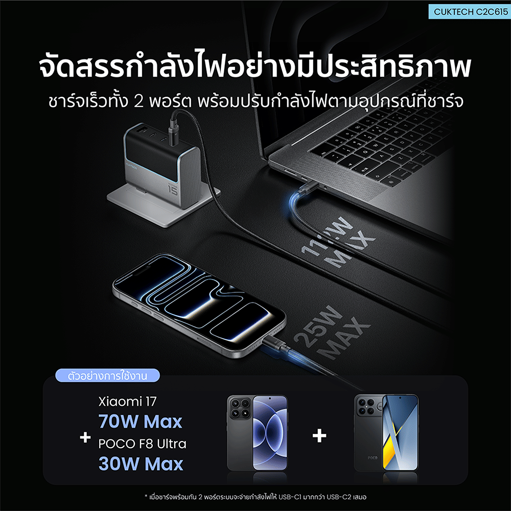 สายชาร์จเร็ว AI CUKTECH C2C615 สีดำ 6A 140W สายชาร์จ เทคโนโลยีชาร์จเร็ว PD 3.2 (AVS) PPS UFCS 1/2 พอร์ต USB C