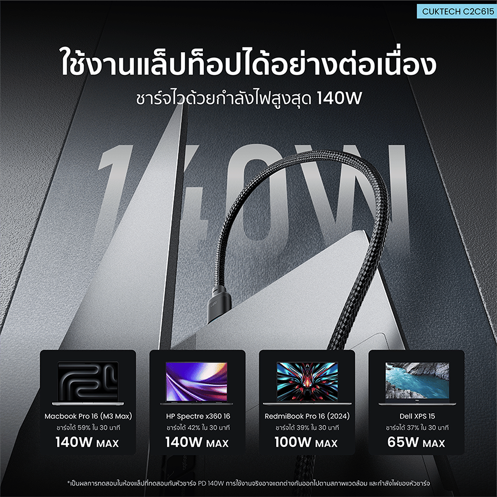 สายชาร์จเร็ว AI CUKTECH C2C615 สีดำ 6A 140W สายชาร์จ เทคโนโลยีชาร์จเร็ว PD 3.2 (AVS) PPS UFCS 1/2 พอร์ต USB C
