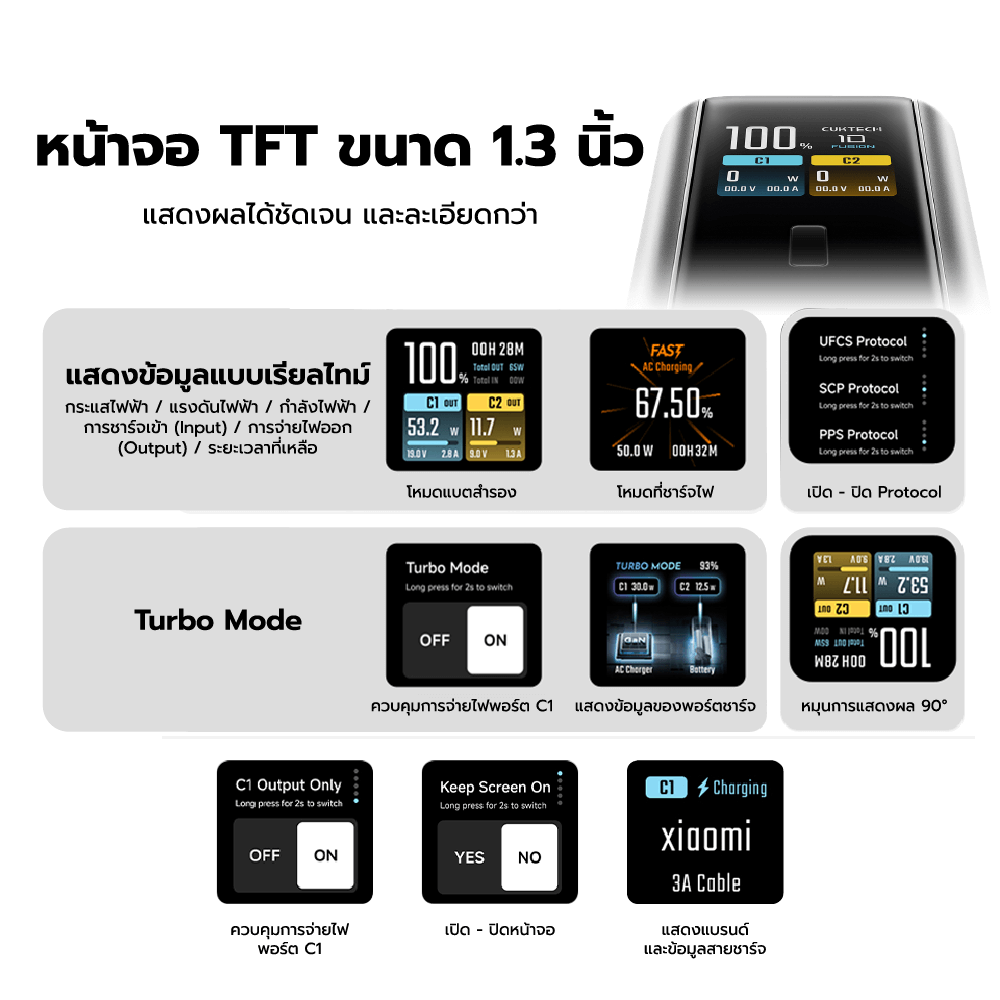 แบตสำรอง CUKTECH BA652U FUSION 2 IN 1 120W MAX สีเทา พร้อมหัวชาร์จในตัว มาตรฐาน CCC แบต 9000MAH ในตัวเดียว_9
