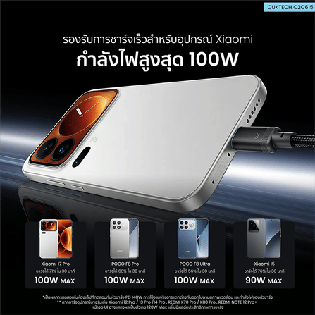 สายชาร์จเร็ว AI CUKTECH C2C615 สีดำ 6A 140W สายชาร์จ เทคโนโลยีชาร์จเร็ว PD 3.2 (AVS) PPS UFCS 1/2 พอร์ต USB C_5