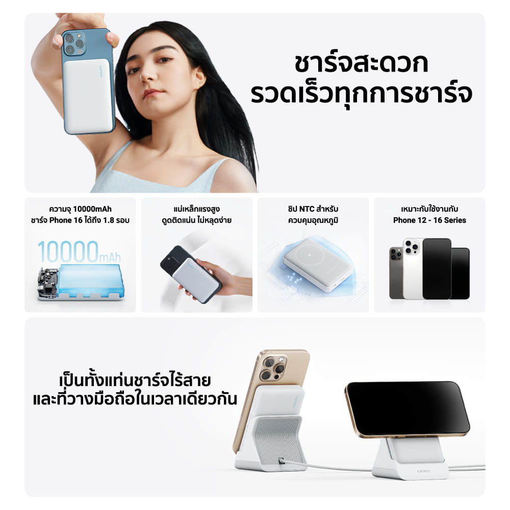 แบตเตอรี่สำรอง CUKTECH AURA WPB100N 10000 MAH พร้อมแท่นชาร์จ MAGNETIC CHARGER สีขาว_2