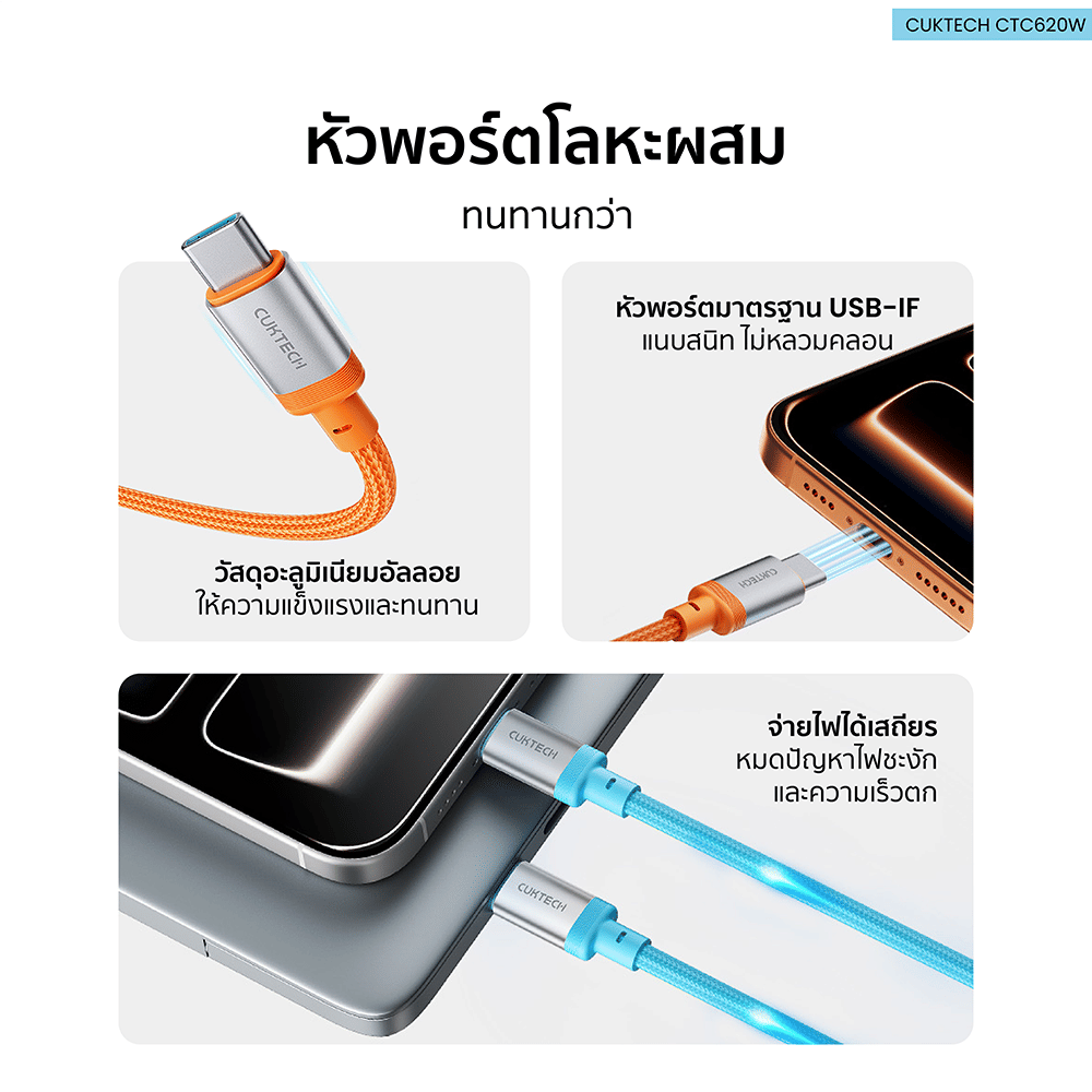 สายชาร์จเร็ว CUKTECH รุ่น CTC620W 6A 240W สายชาร์จ USB-C ยาว 2 ม. สีชมพู (รองรับการชาร์จ PD3.1)_4