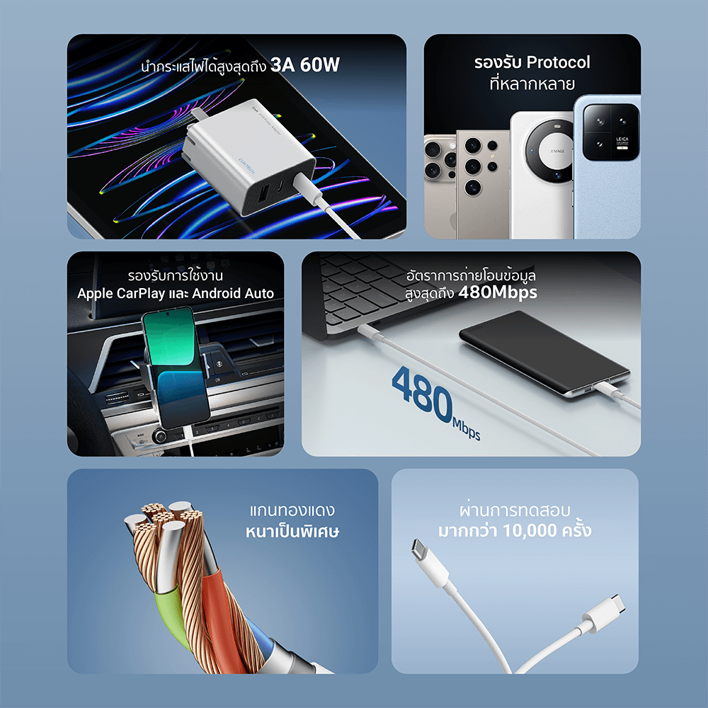 สายชาร์จเร็ว CUKTECH รุ่น CTC310N  USB-C to USB-C 60W 3A สีขาว (รองรับชาร์จเร็ว PD,QC)_2