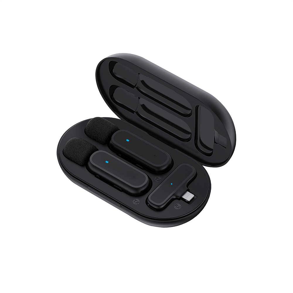 ไมโครโฟนไร้สาย ZTEC ZM122 มีกล่องชาร์จ ไมค์คู่ สีดำ สำหรับ Lightning ใช้งานแบบ Stereo และ Mono กด Mute ได้ 