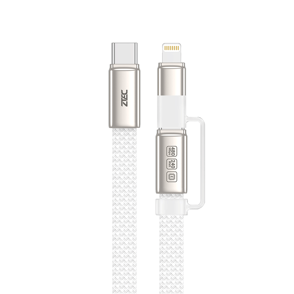 สายชาร์จไนลอนถัก ZTEC ZM221 2 IN 1 สีขาว รองรับชาร์จเร็ว 5A 240W USB-C TO USB-C & LIGHTNING ความยาว 1.2 เมตร_0