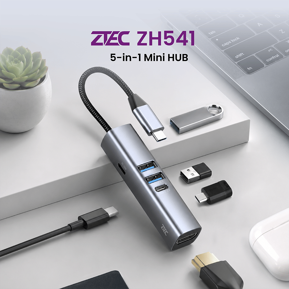 อุปกรณ์เชื่อมต่อ ยูเอสบี-ซี มีเดีย ฮับ ZTEC รุ่น ZH541 5 IN 1 MINI HUB USB-C 100W , HDMI 4K ,USB-A 3.2 GEN 1 5GBPS ขนาดเล็ก พกพาสะดวก