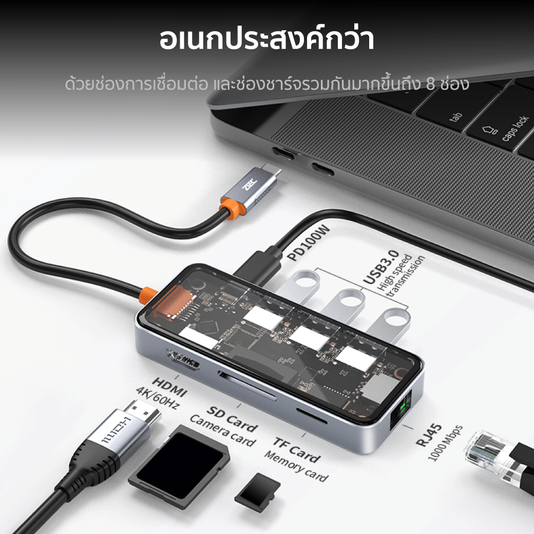 อุปกรณ์เชื่อมต่อ ยูเอสบี-ซี มีเดีย ฮับ ZTEC รุ่น ZH831 8IN1 สีเทา