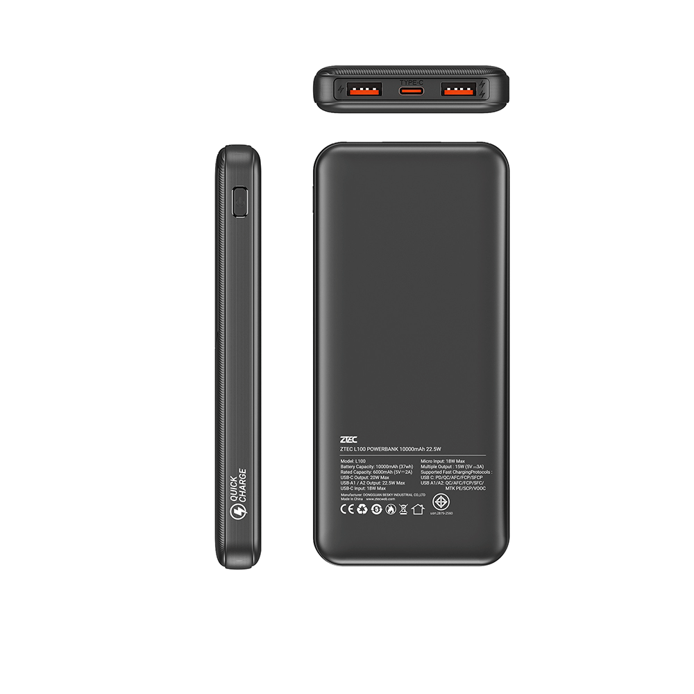 แบตเตอรี่สำรอง ZTEC L100 10000 MAH สีดำ จ่ายไฟสูงสุด 22.5W ชาร์จพร้อมกันได้สูงสุด 3 อุปกรณ์