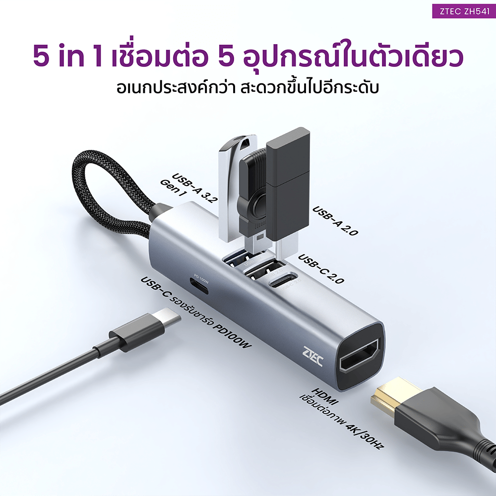 อุปกรณ์เชื่อมต่อ ยูเอสบี-ซี มีเดีย ฮับ ZTEC รุ่น ZH541 5 IN 1 MINI HUB USB-C 100W , HDMI 4K ,USB-A 3.2 GEN 1 5GBPS ขนาดเล็ก พกพาสะดวก