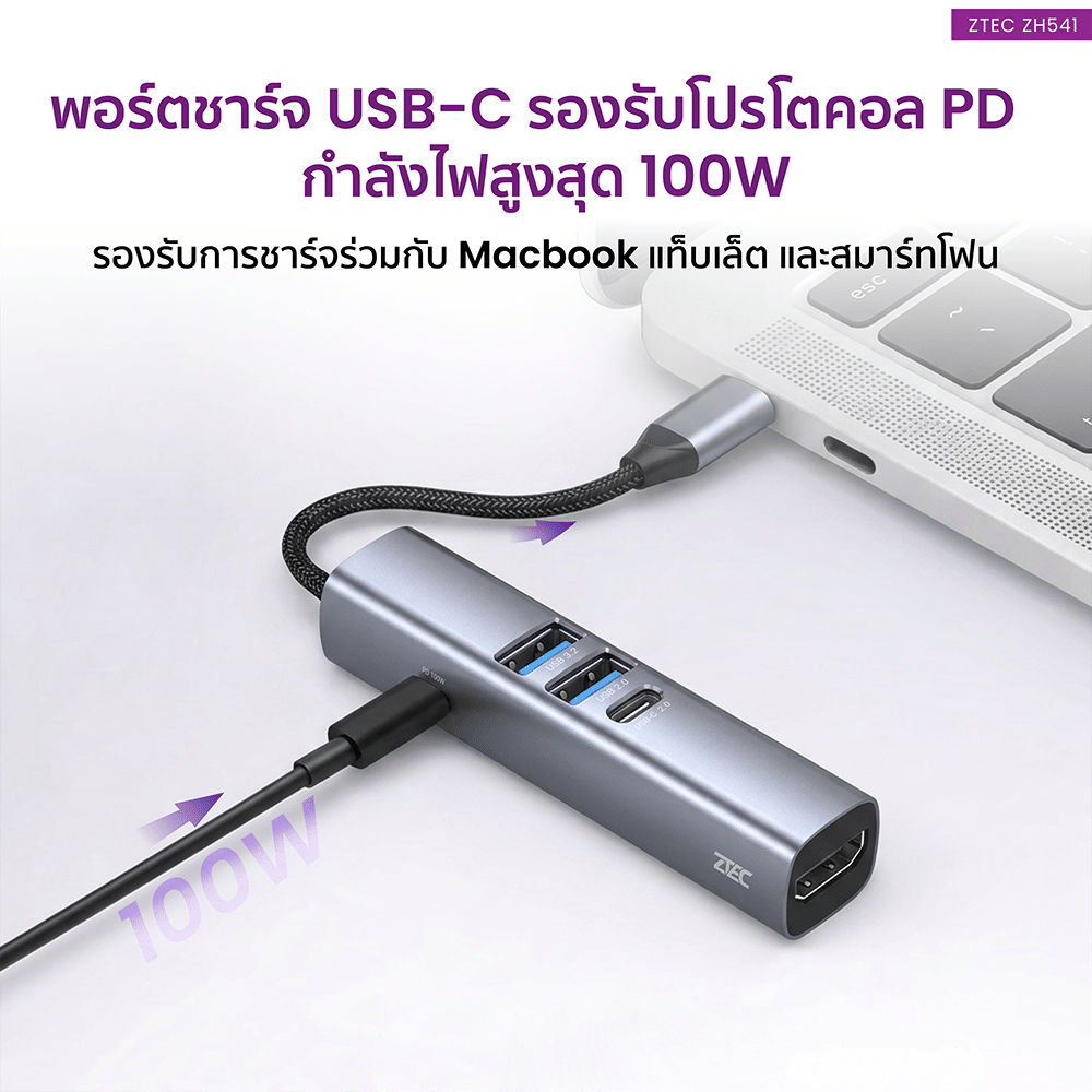 อุปกรณ์เชื่อมต่อ ยูเอสบี-ซี มีเดีย ฮับ ZTEC รุ่น ZH541 5 IN 1 MINI HUB USB-C 100W , HDMI 4K ,USB-A 3.2 GEN 1 5GBPS ขนาดเล็ก พกพาสะดวก