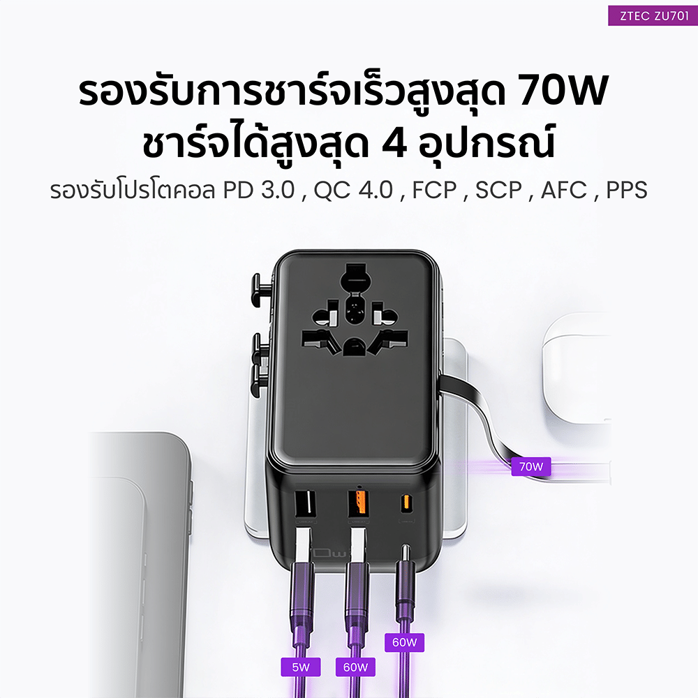 หัวแปลงปลั๊กไฟ ZTEC ZU701 70W TRAVEL ADAPTER