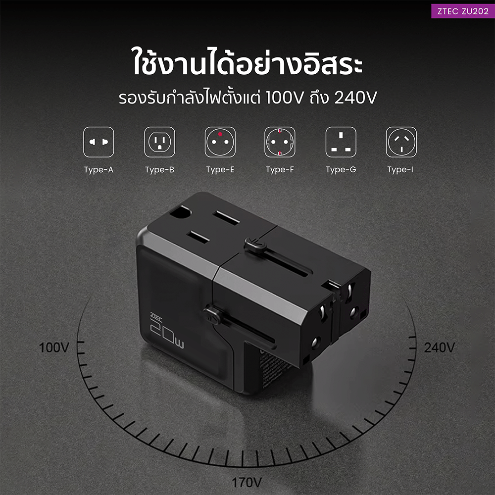 หัวแปลงปลั๊กไฟ ZTEC ZU202 20W TRAVEL ADAPTER