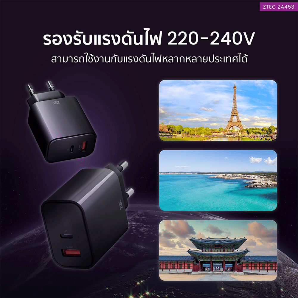 หัวชาร์จเร็ว ZTEC ZA453 GAN 45W  รองรับเทคโนโลยีชาร์จเร็ว PD 3.0 (ขาปลั๊กไทย ปลอดภัย ได้รับมาตรฐาน มอก.)