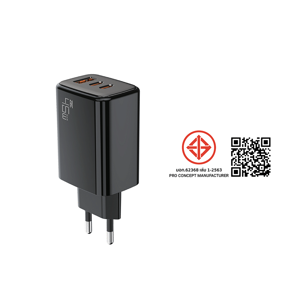 หัวชาร์จ 45W ZTEC ZA452 รองรับเทคโนโลยีชาร์จด่วน PD ขาปลั๊กไทย ได้รับมาตรฐาน มอก._11
