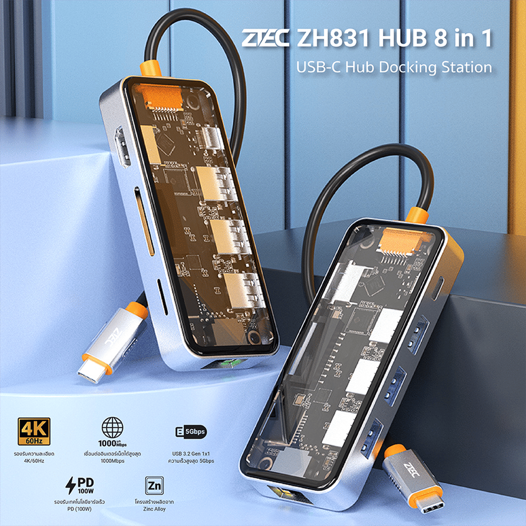 อุปกรณ์เชื่อมต่อ ยูเอสบี-ซี มีเดีย ฮับ ZTEC รุ่น ZH831 8IN1 สีเทา_1