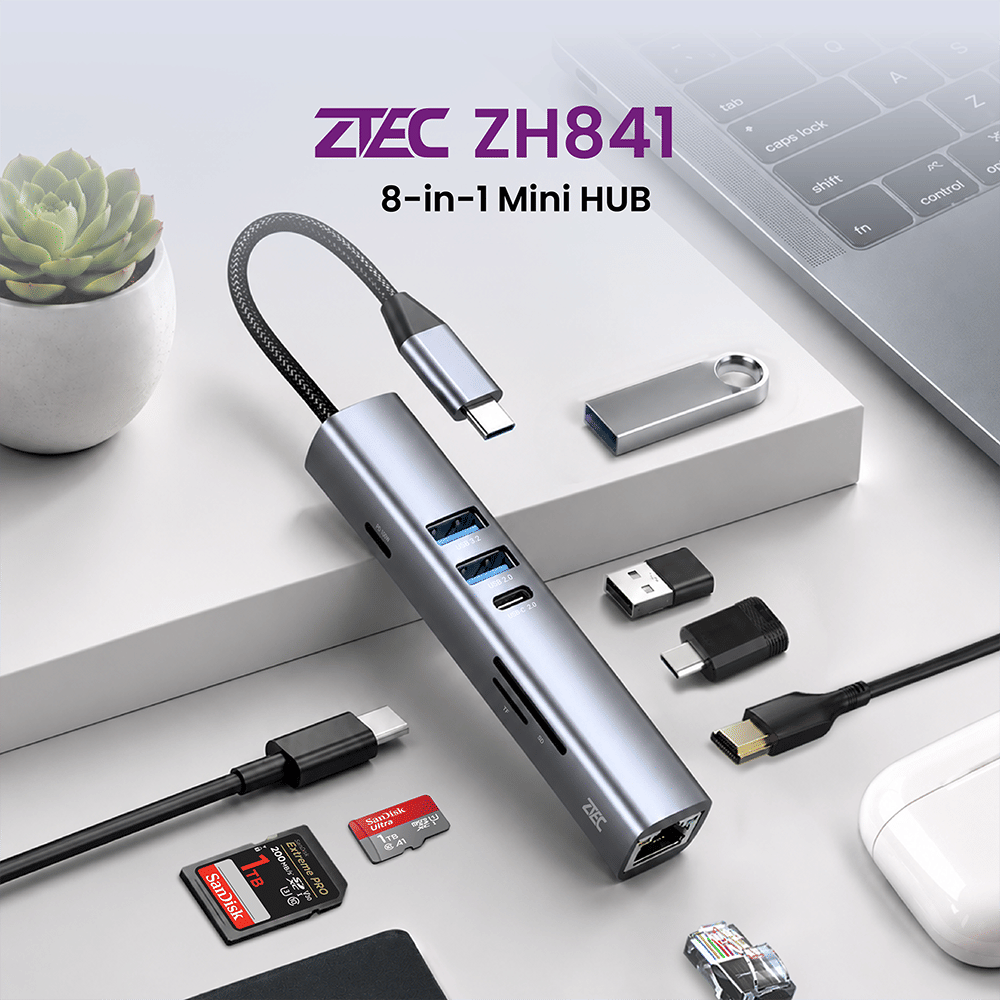 อุปกรณ์เชื่อมต่อ ยูเอสบี-ซี มีเดีย ฮับ ZTEC รุ่น ZH841 8 IN 1 MINI HUB USB-C 100W ,HDMI 4K ,LAN 100MBPS ,USB-A 3.2 GEN 1 ,SD CARD ,MICRO SD_1