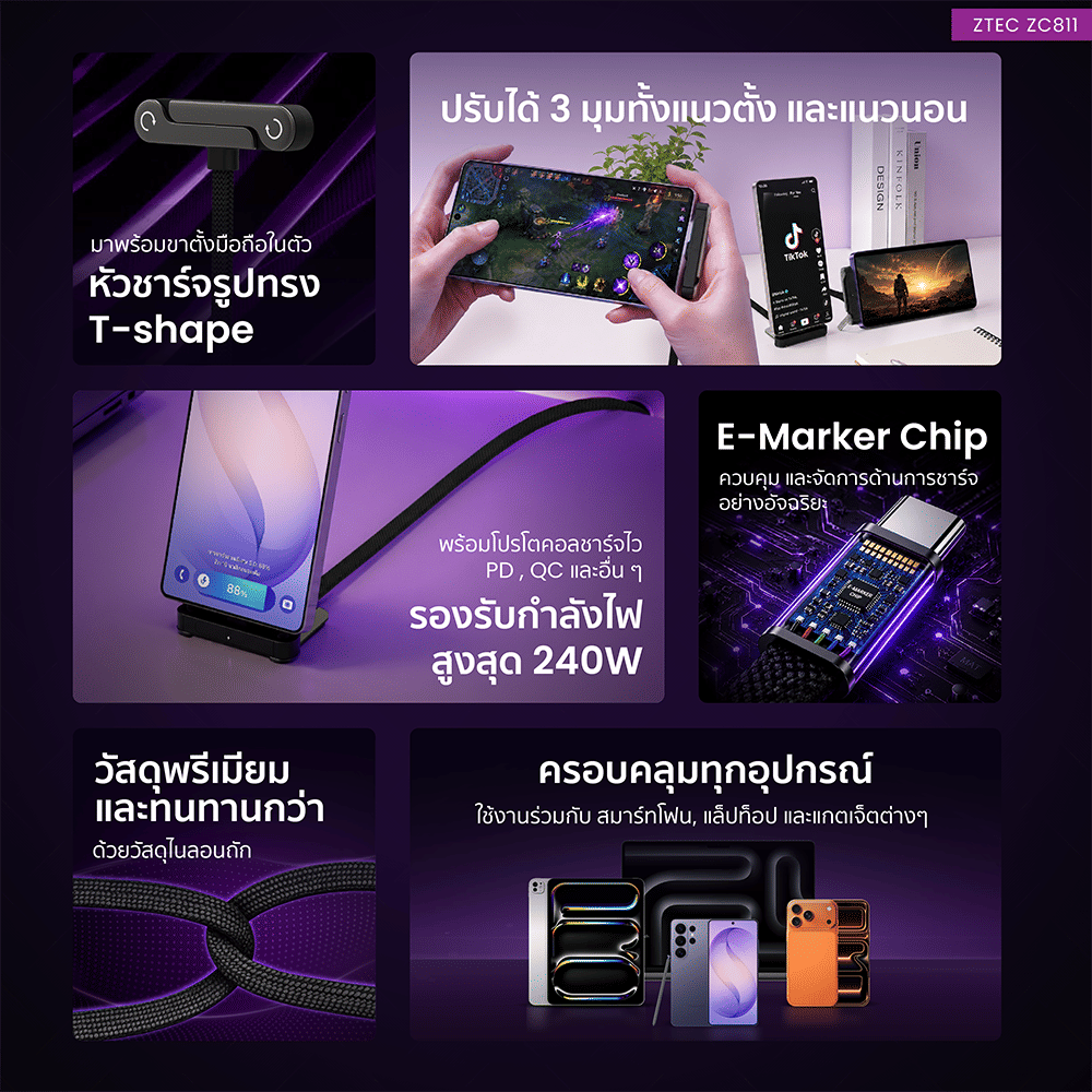 สายชาร์จ ZTEC รุ่น ZC811 5A 240W พร้อมขาตั้งในตัว ใช้งานได้ 3 รูปแบบ รองรับ PD/QC_2
