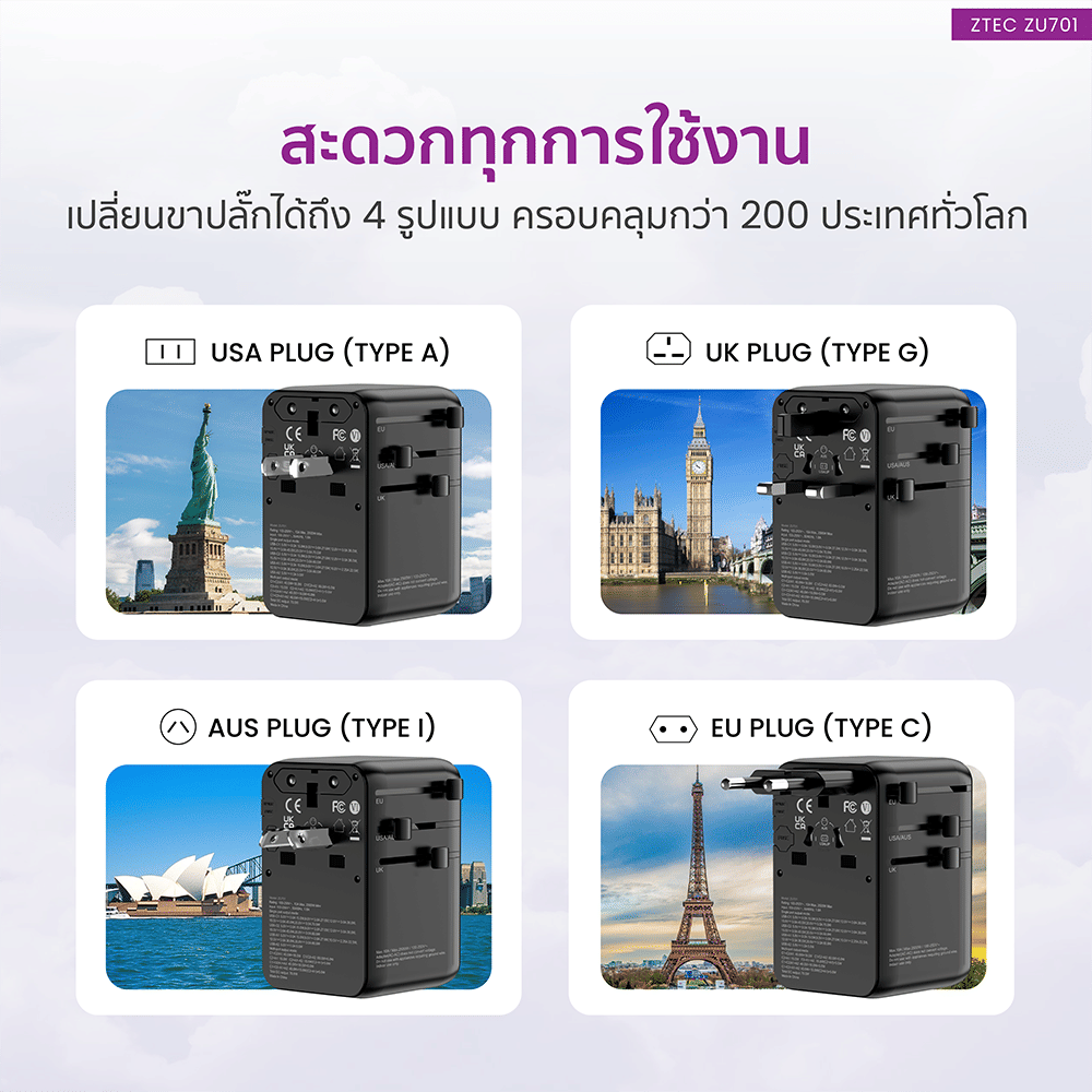 หัวแปลงปลั๊กไฟ ZTEC ZU701 70W TRAVEL ADAPTER_3