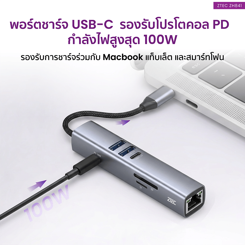 อุปกรณ์เชื่อมต่อ ยูเอสบี-ซี มีเดีย ฮับ ZTEC รุ่น ZH841 8 IN 1 MINI HUB USB-C 100W ,HDMI 4K ,LAN 100MBPS ,USB-A 3.2 GEN 1 ,SD CARD ,MICRO SD_7