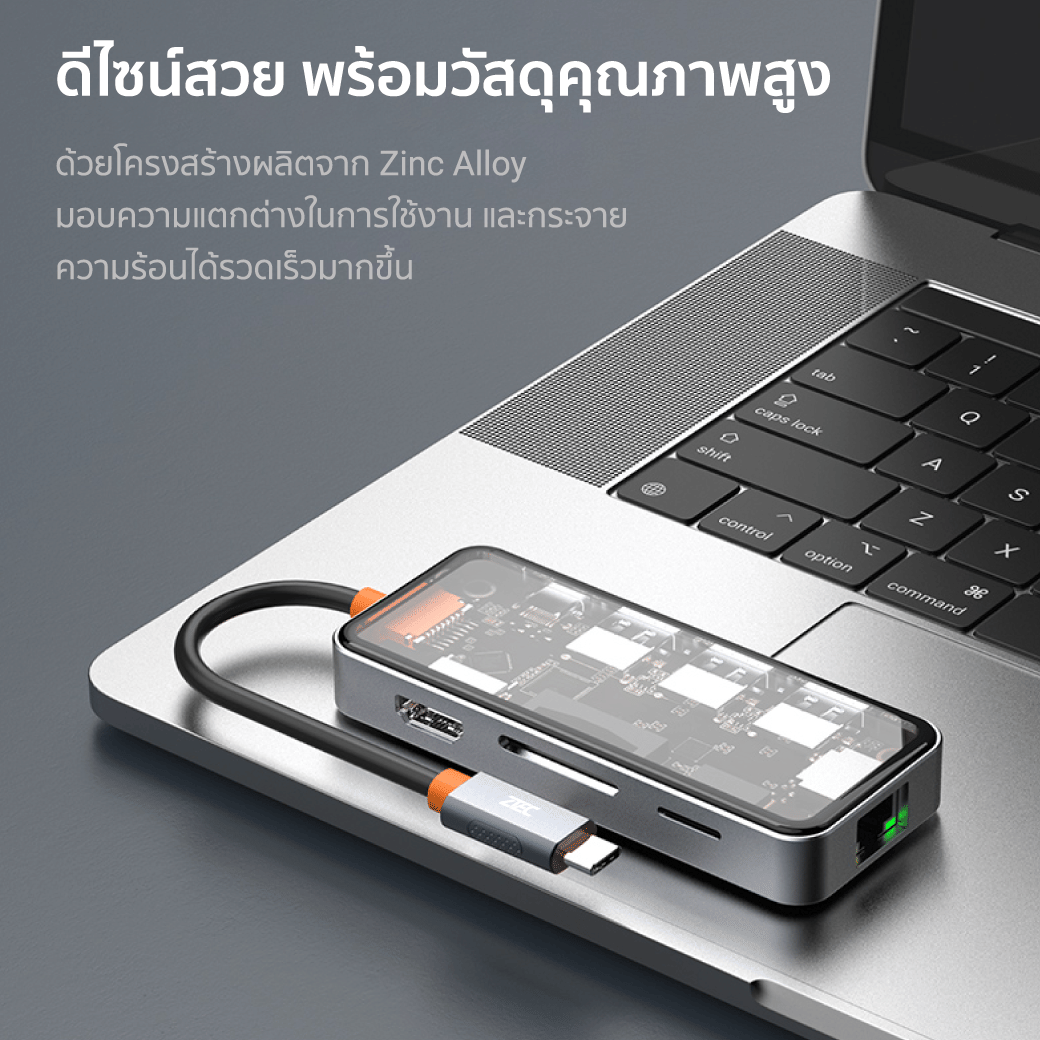 อุปกรณ์เชื่อมต่อ ยูเอสบี-ซี มีเดีย ฮับ ZTEC รุ่น ZH831 8IN1 สีเทา_8