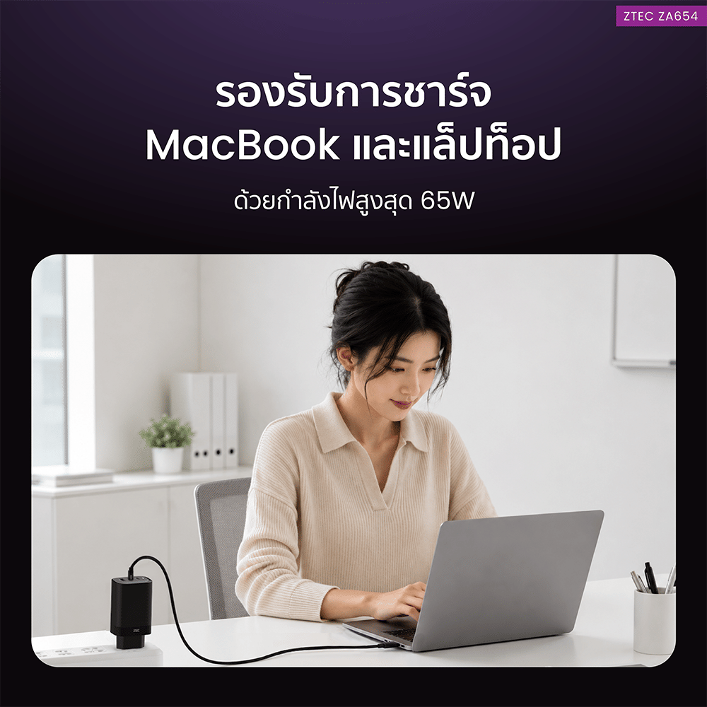 หัวชาร์จเร็ว ZTEC ZA654 GAN 65W  รองรับเทคโนโลยีชาร์จเร็ว PD 3.1 (ขาปลั๊กไทย ปลอดภัย ได้รับมาตรฐาน มอก.)_7