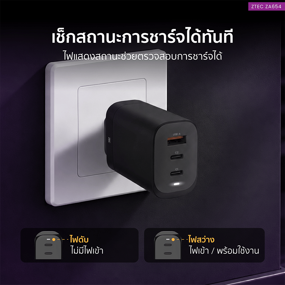 หัวชาร์จเร็ว ZTEC ZA654 GAN 65W  รองรับเทคโนโลยีชาร์จเร็ว PD 3.1 (ขาปลั๊กไทย ปลอดภัย ได้รับมาตรฐาน มอก.)_9