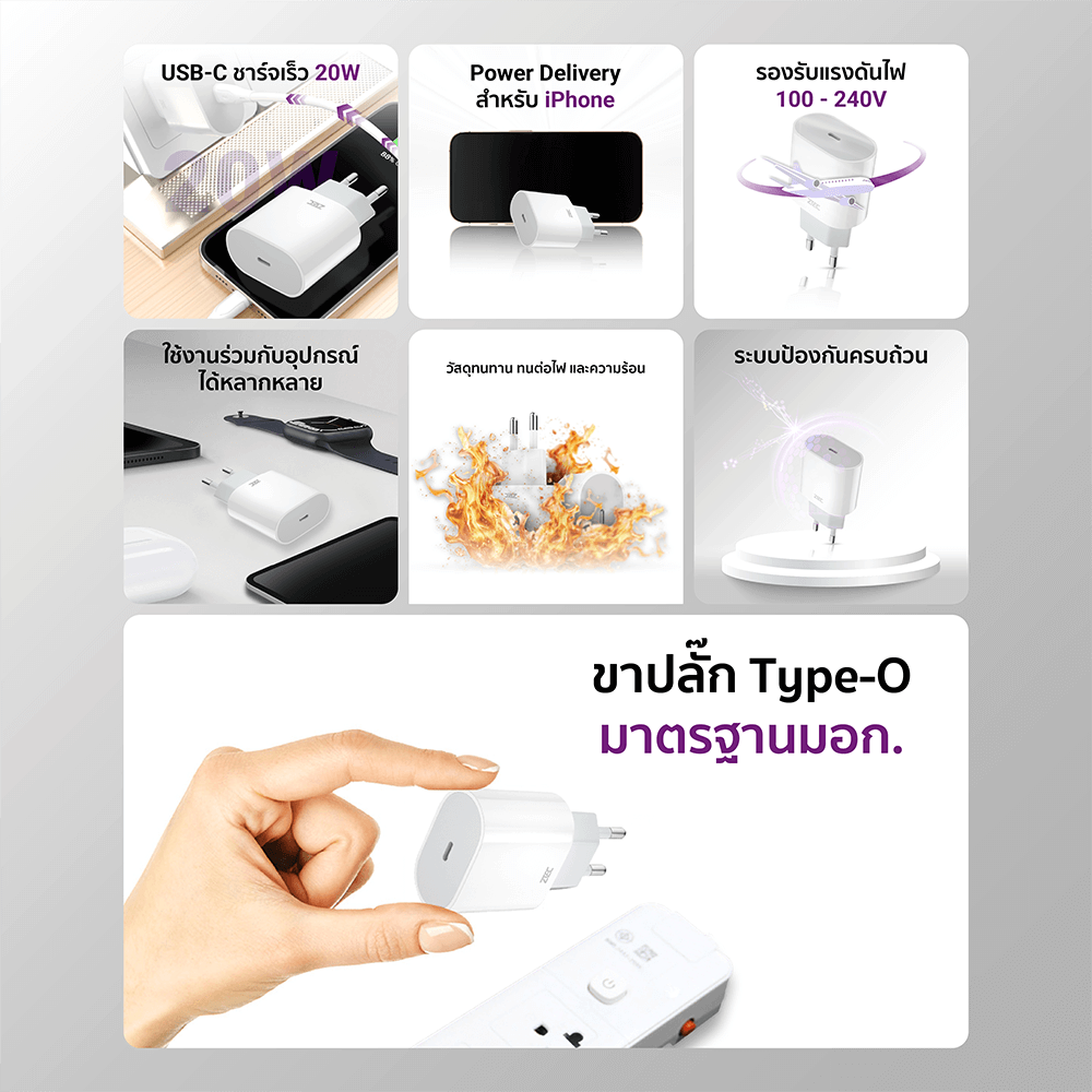 หัวชาร์จเร็ว ZTEC ZA201 20W รองรับเทคโนโลยีชาร์จด่วน PD (ขาปลั๊กไทย ปลอดภัย ได้รับมาตรฐาน มอก.)_2