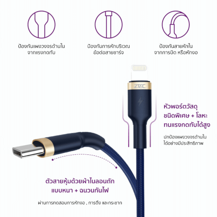 สายชาร์จเร็วไนลอนถัก ZTEC รุ่น ZL411 USB-C to Lightning  1 เมตร สีกรม (รองรับเทคโนโลยี PD)_4