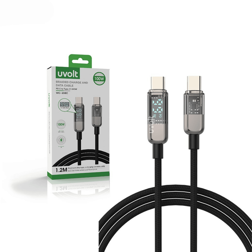 สายชาร์จถัก UVOLT WC-108C USB-C TO USB-C ยาว 1.2 เมตร พร้อมจอแสดงผลดิจิตอล LED