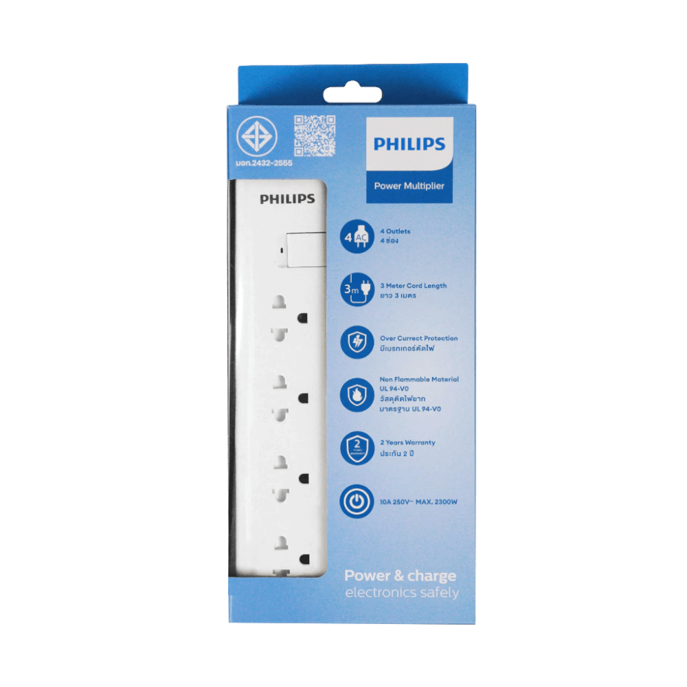 ปลั๊กไฟ PHILIPS รุ่น CHP2444WB/67 รางปลั๊ก 4 ช่อง 10A 2300W 1 สวิตช์ควบคุม ยาว 3 เมตร