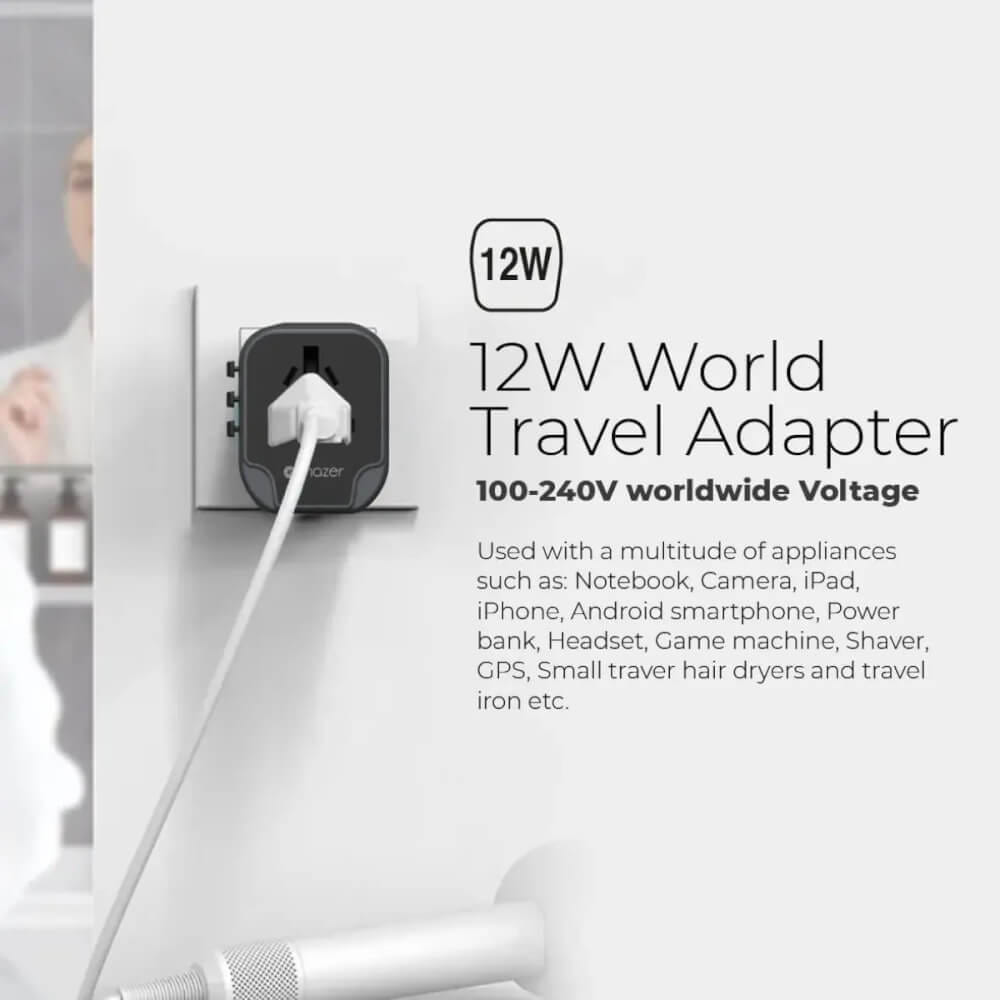 หัวแปลงปลั๊กไฟ MAZER M-IFTRAVEL120-GY รองรับไฟสูงสุด 1840 วัตต์
