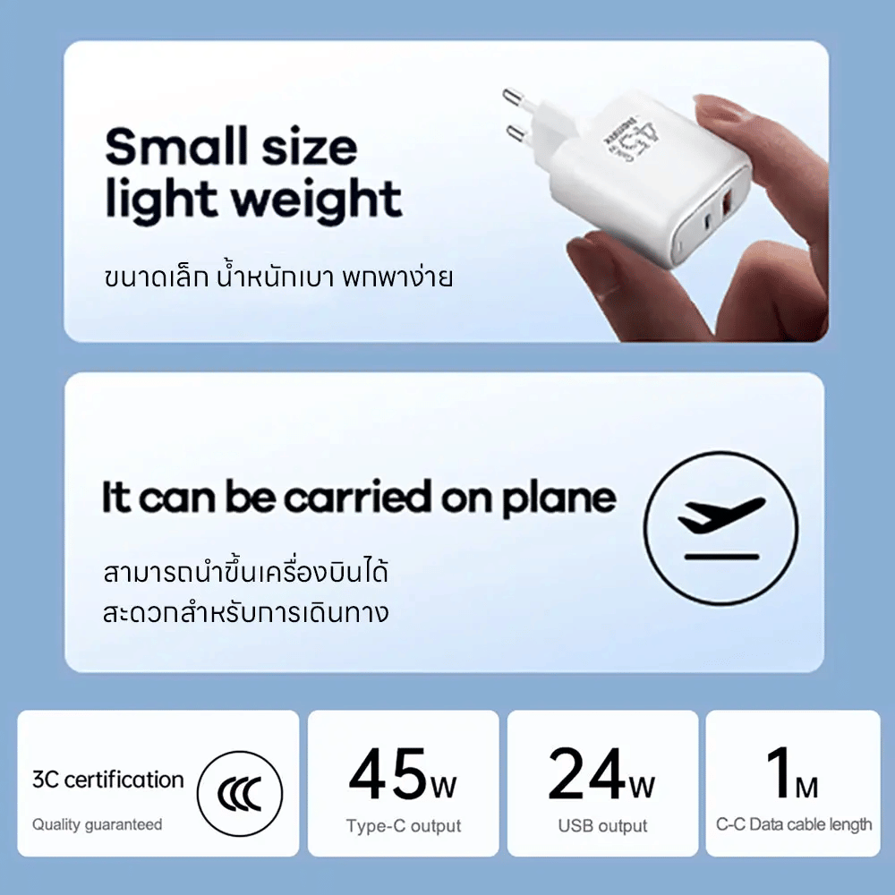 หัวชาร์จเร็ว REMAX U60-AC45W-WHT USB+C 45W พร้อมสาย C to C สีขาว
