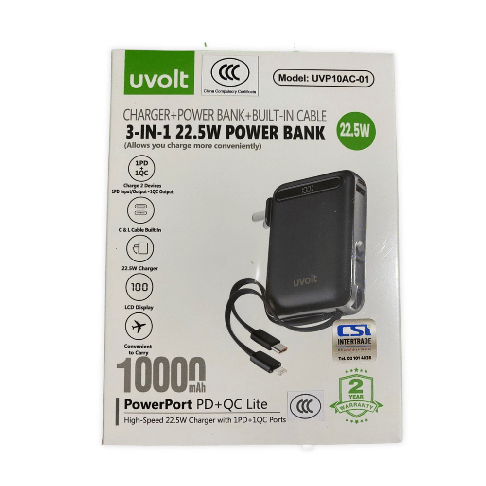 แบตเตอรี่สำรอง UVOLT UVP10AC-01-BLK (3C) 3IN1 10,000 MAH สีดำ รองรับ FAST CHARGE,PD 22W (มีสายในตัว)