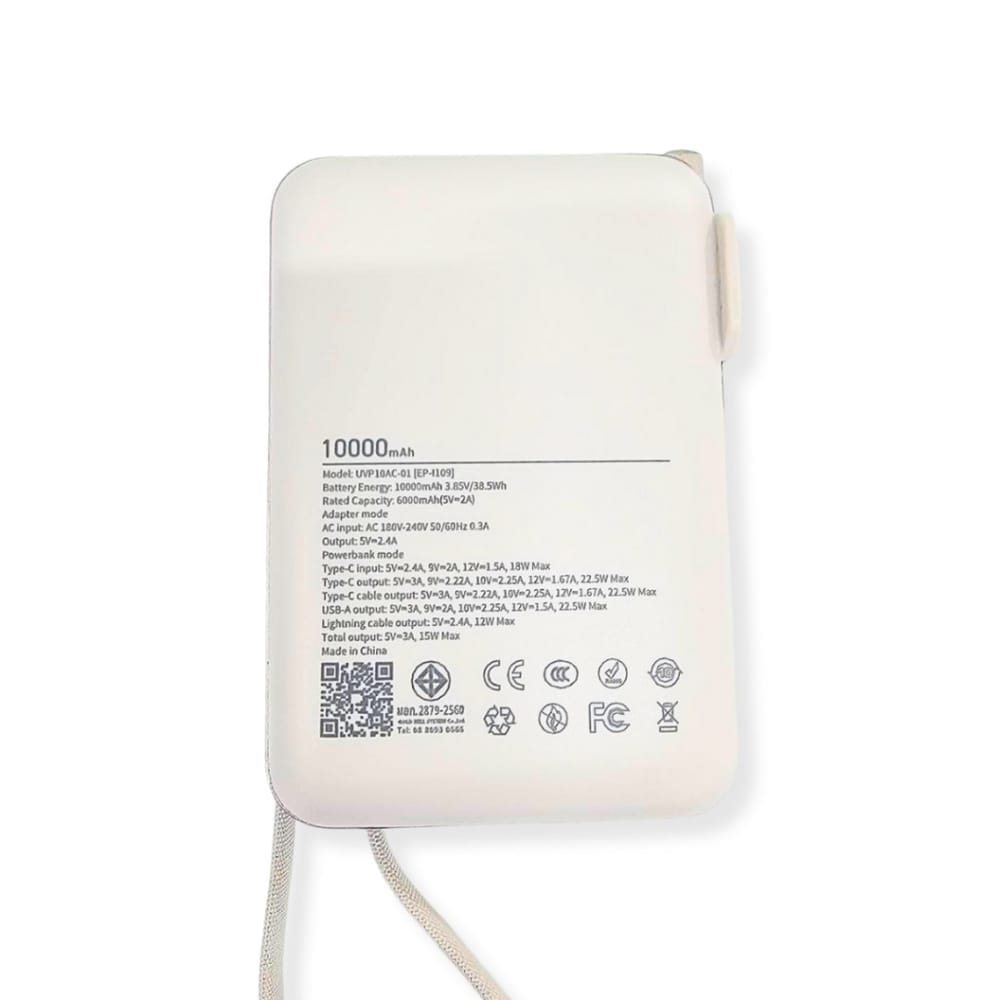 แบตเตอรี่สำรอง UVOLT UVP10AC-01-BLK (3C) 3IN1 10,000 MAH สีดำ รองรับ FAST CHARGE,PD 22W (มีสายในตัว)