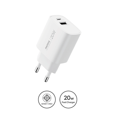 หัวชาร์จเร็ว REMAX U187-AC20W-WHT USB+C 20W พร้อมสาย C to C สีขาว_0