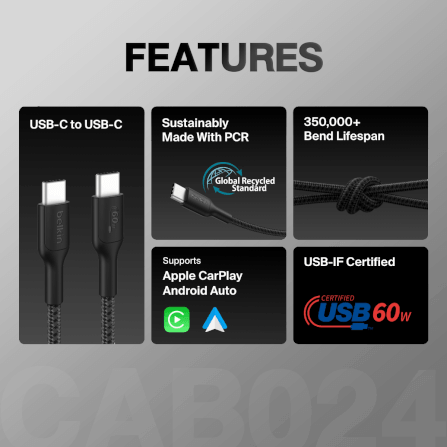 สายชาร์จเร็ว USB-C BELKIN CAB024 ชาร์จเร็ว 60 วัตต์ สายถักไนล่อน ยาว 1 เมตร สีดำ_1