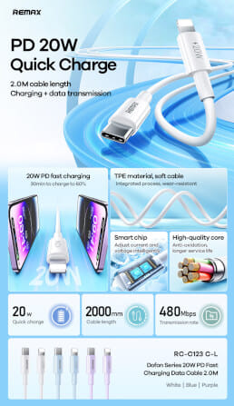 สายชาร์จ USB-C to Lightning REMAX RC-C123-PUR 20W ยาว 2 เมตร สีม่วง_2