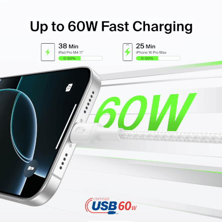 สายชาร์จเร็ว USB-C BELKIN CAB024 ชาร์จเร็ว 60 วัตต์ สายถักไนล่อน ยาว 1 เมตร สีดำ_2