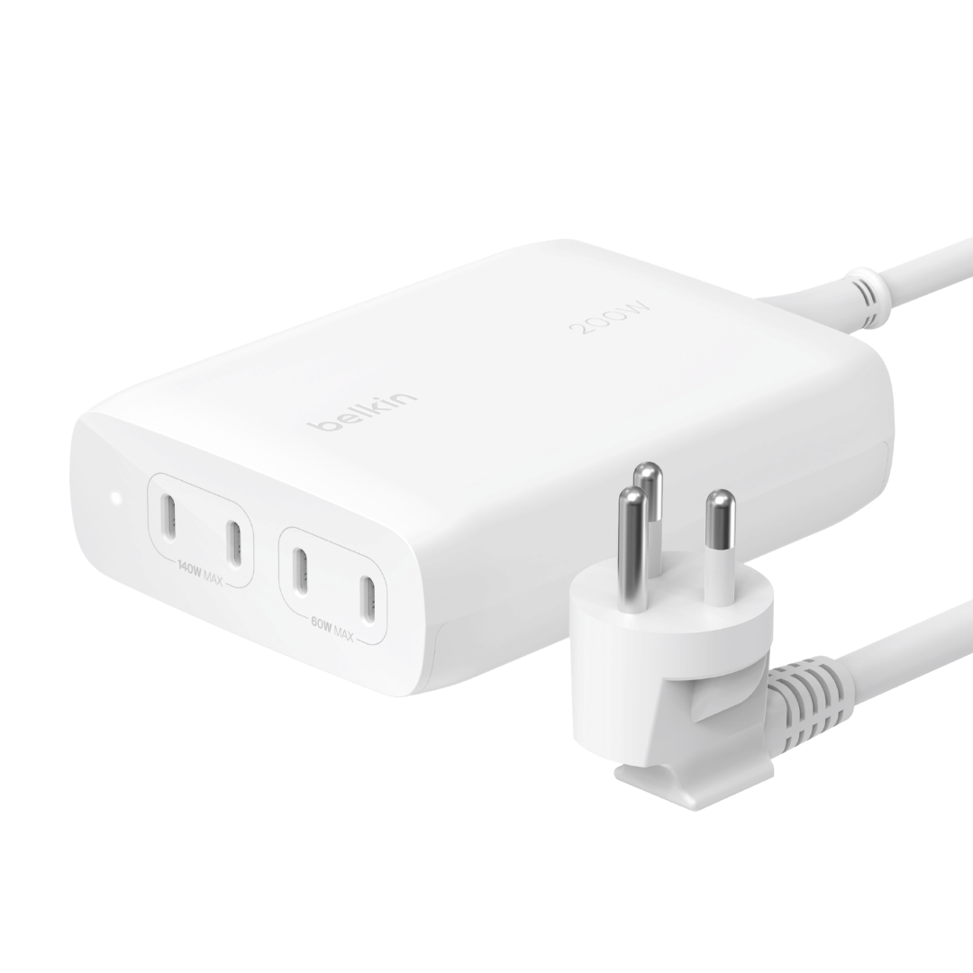 หัวชาร์จเร็ว 4 พอร์ต BELKIN WCH015 200W USB-C GAN CHARGER ชาร์จเร็ว สายยาว 1.5 เมตร สีขาว_0