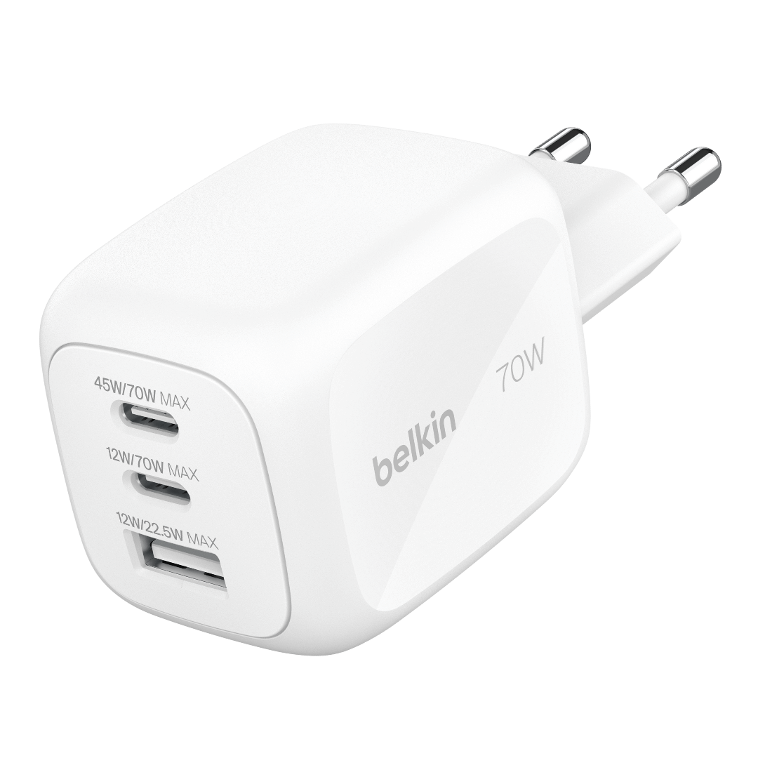 หัวชาร์จเร็ว BELKIN WCH018 เทคโนโลยี GAN พอร์ต USB-C X2, USB-A X1 กำลังไฟ 70W สีขาว_0
