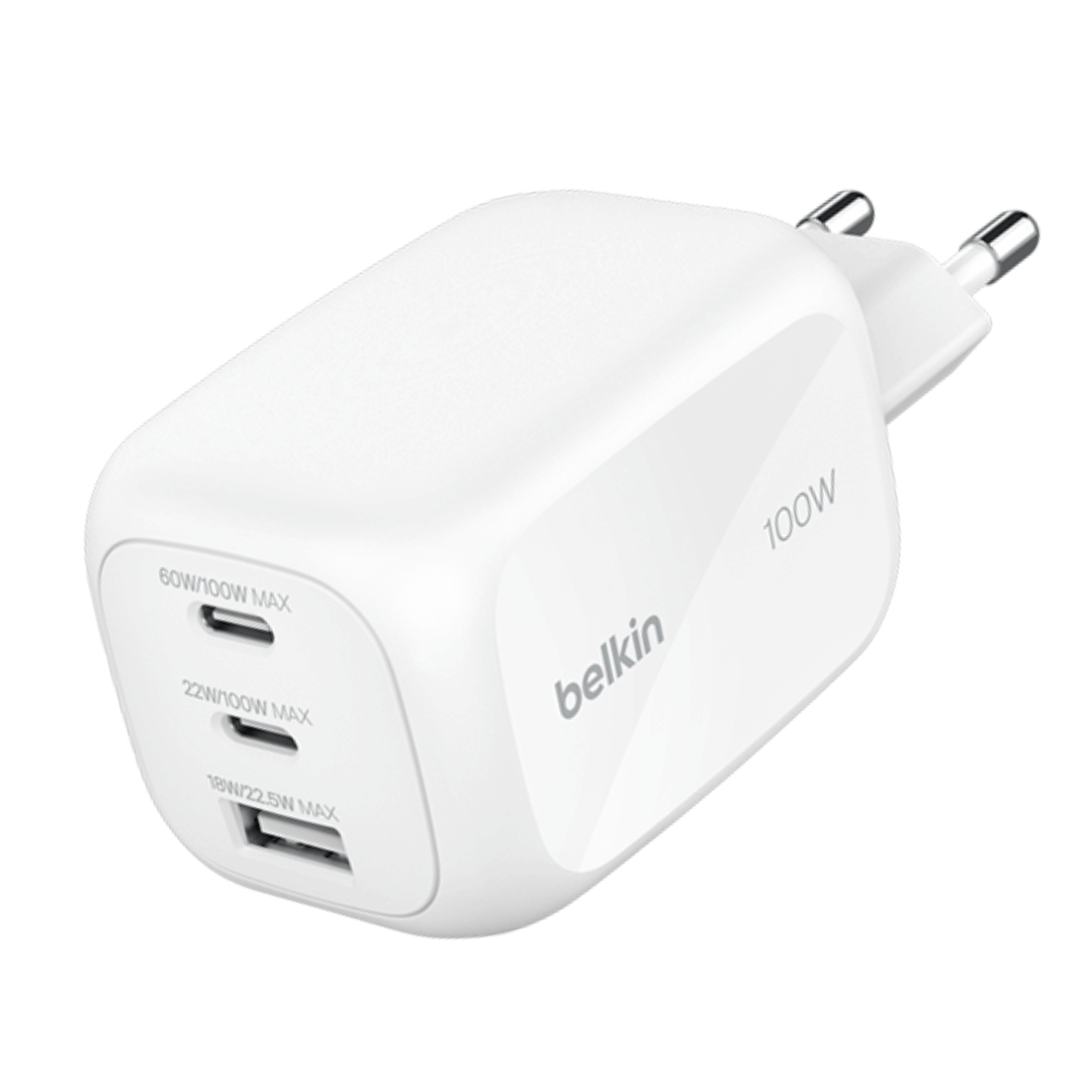 หัวชาร์จเร็ว BELKIN WCH016 เทคโนโลยี GAN 100W 3 พอร์ต (USB-C/USB-A) สีขาว_0
