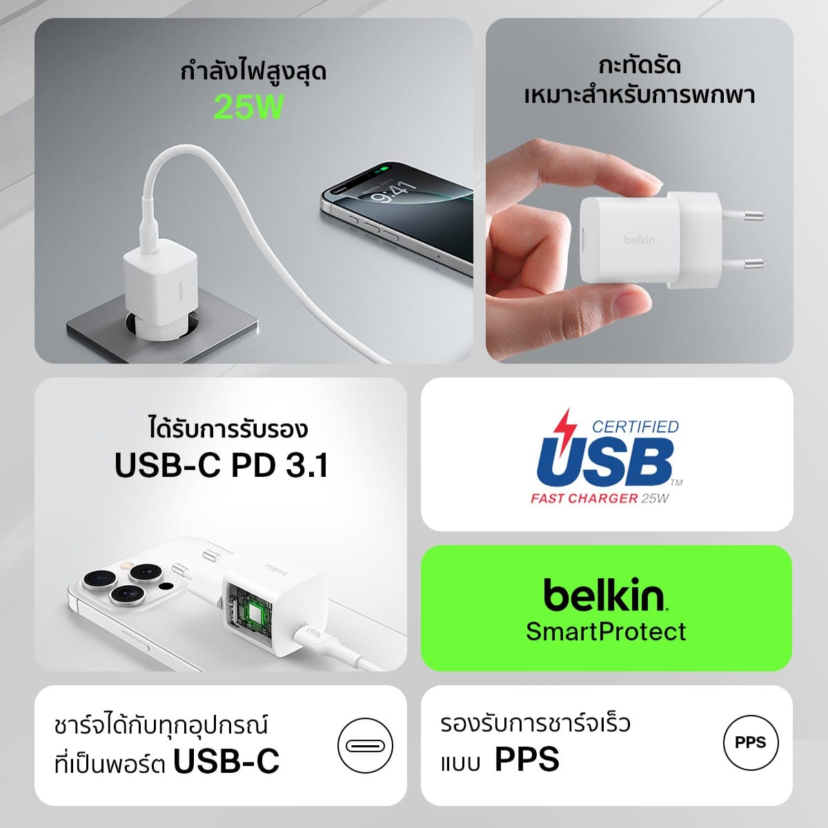 หัวชาร์จ BELKIN WCA012 พอร์ต USB-C กำลังไฟ 25W เทคโนโลยี PPS สีขาว_1