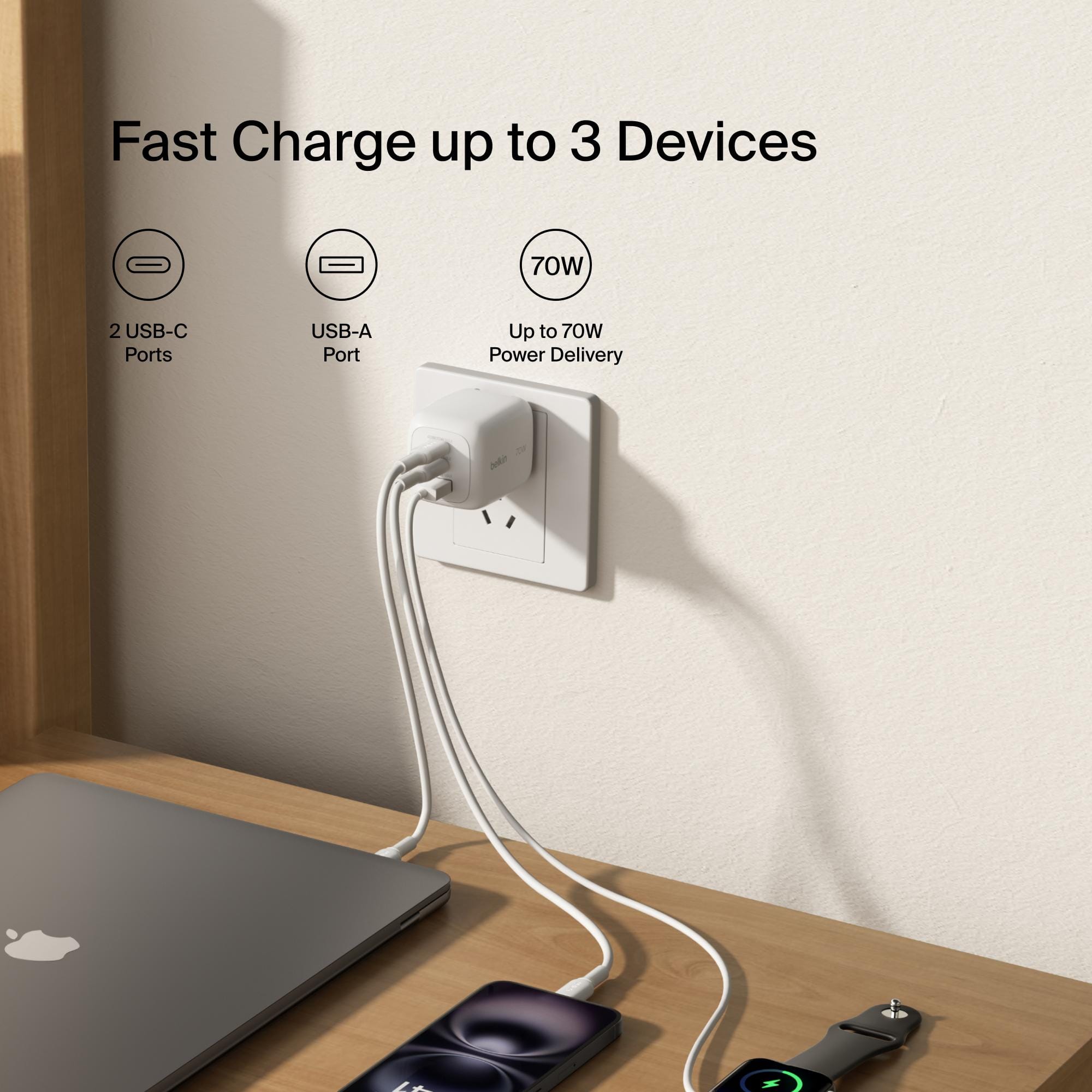หัวชาร์จเร็ว BELKIN WCH018 เทคโนโลยี GAN พอร์ต USB-C X2, USB-A X1 กำลังไฟ 70W สีขาว_1