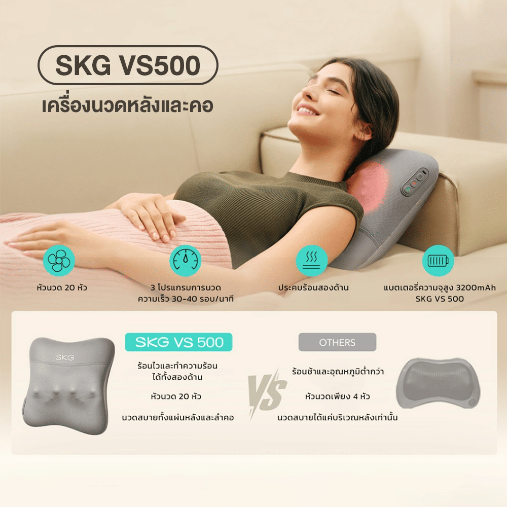 หมอนนวดไฟฟ้า SKG VS500 แบบไร้สาย 20 หัวนวด ประคบร้อน 2 ด้าน สีเทา_1