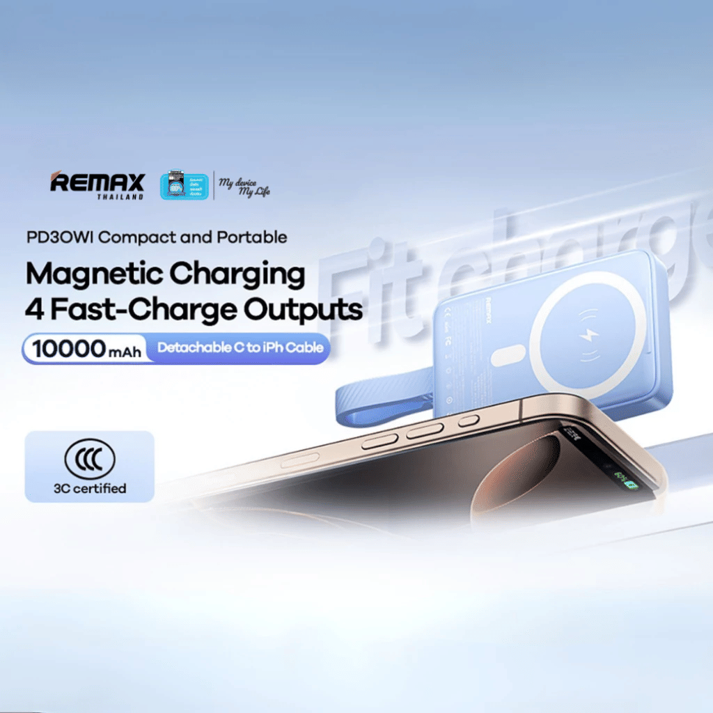 แบตเตอรี่สำรอง REMAX RPP-30 ความจุ 10,000 MAH มีสายในตัว รองรับชาร์จไร้สาย มาตรฐาน CCC สีดำ_2