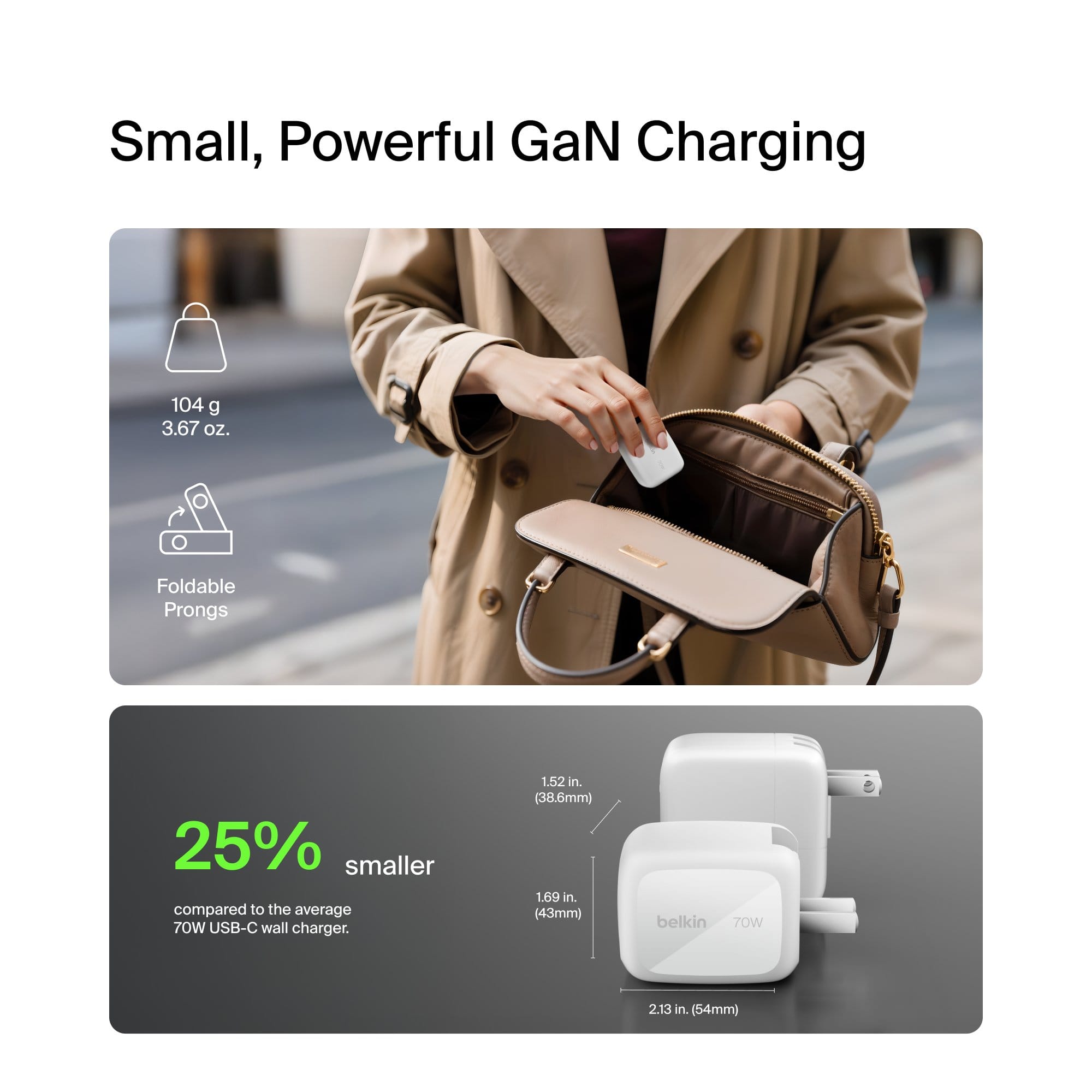 หัวชาร์จเร็ว BELKIN WCH018 เทคโนโลยี GAN พอร์ต USB-C X2, USB-A X1 กำลังไฟ 70W สีขาว_2