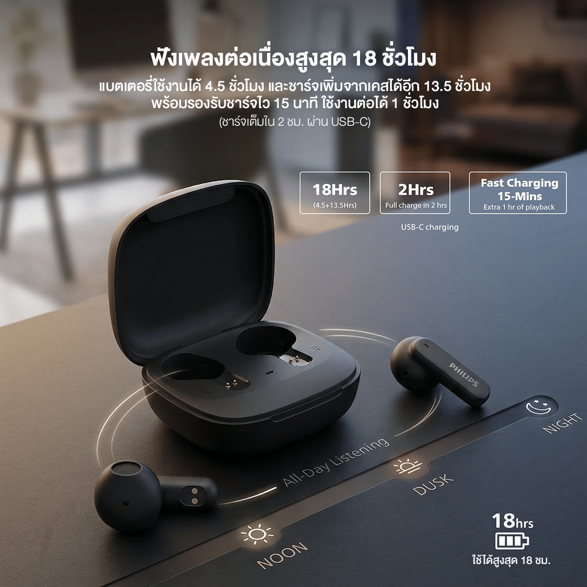 หูฟังไร้สาย PHILIPS TAT1000 บลูทูธ 6.0 ไมค์ AI กันน้ำ IPX4 สีดำ_2